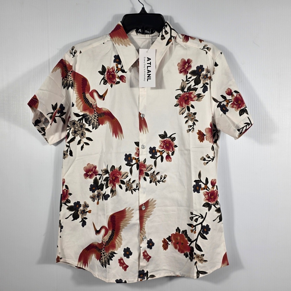 Atlanl Mens Short Sleeve Button Down Shirt White Red Crane Floral Print Size S - Picture 11 of 11
